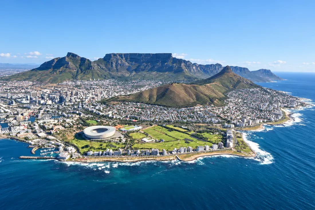Cape Town and Table Mountain beside the South African coast